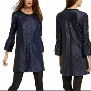 THEORY Mailla Linden Matte Sheen Deep Blue Shift Bell Sleeve Mini Dress US 8